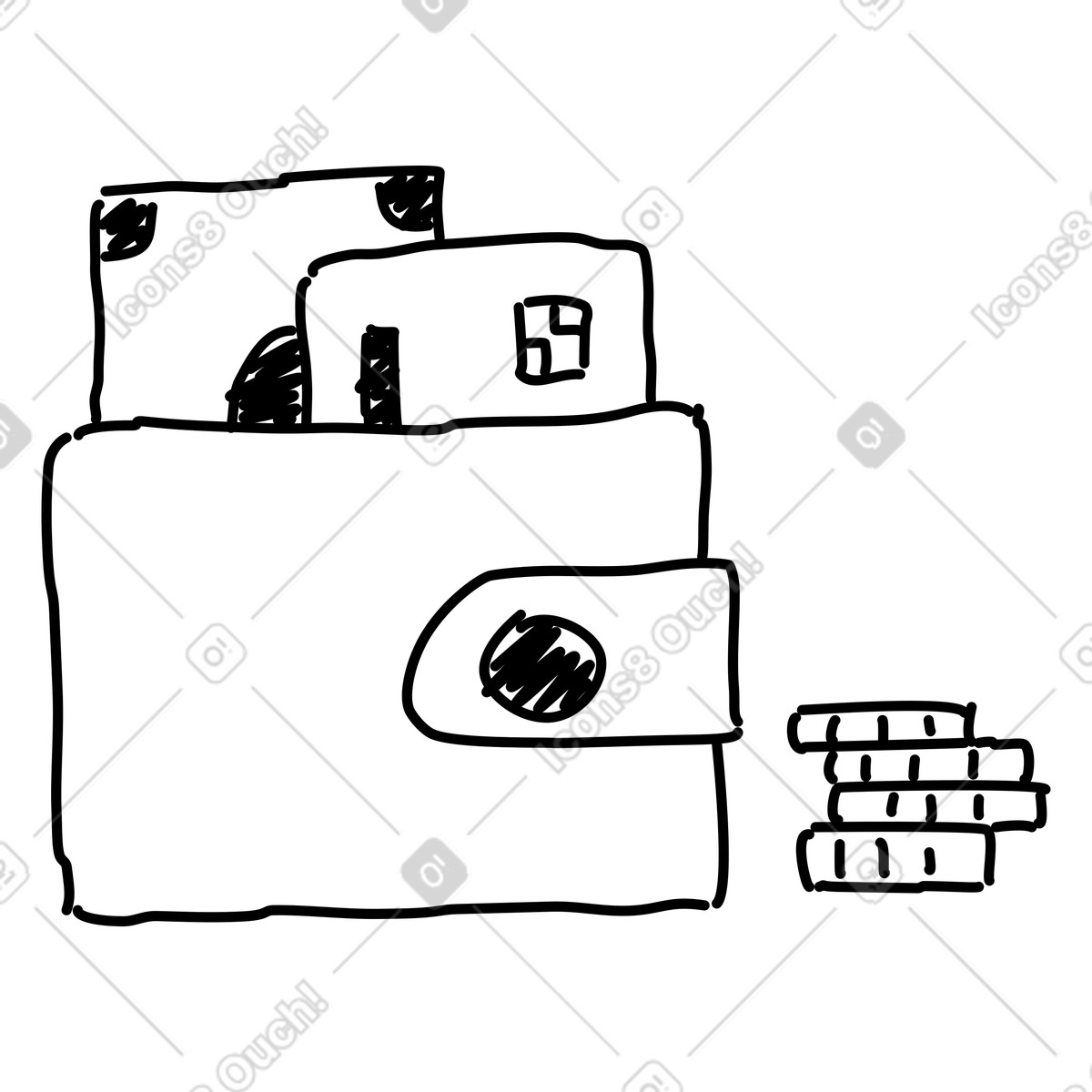 下载 Rough Sketch 风格的 Cash wallet holding credit card and currency coins 插画，支持 PNG、SVG 格式