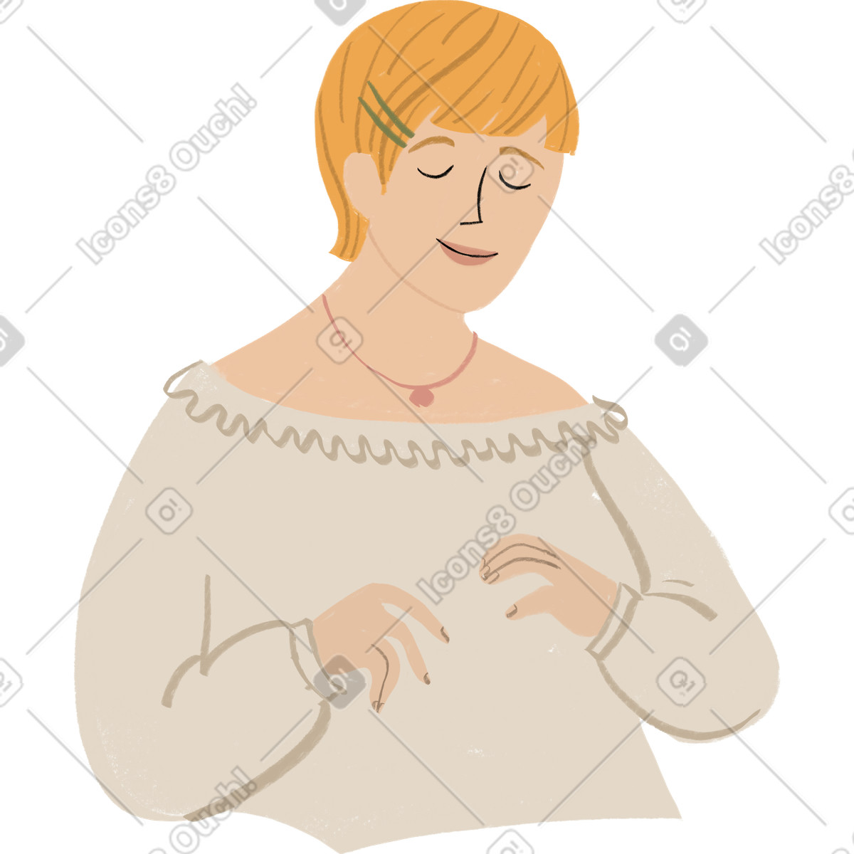Blond woman sitting with closed eyes illustration in Lumiere style download in PNG, SVG