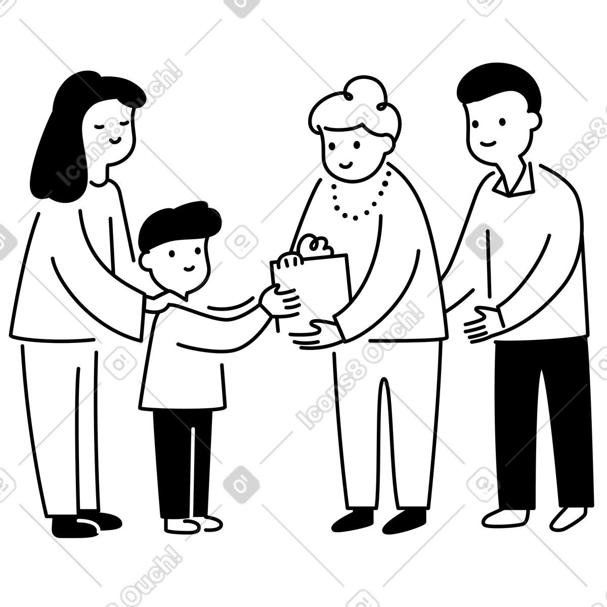 Gift exchange between child and grandmother surrounded by supportive adults illustrazione in stile Notion Line Art scarica in PNG, SVG