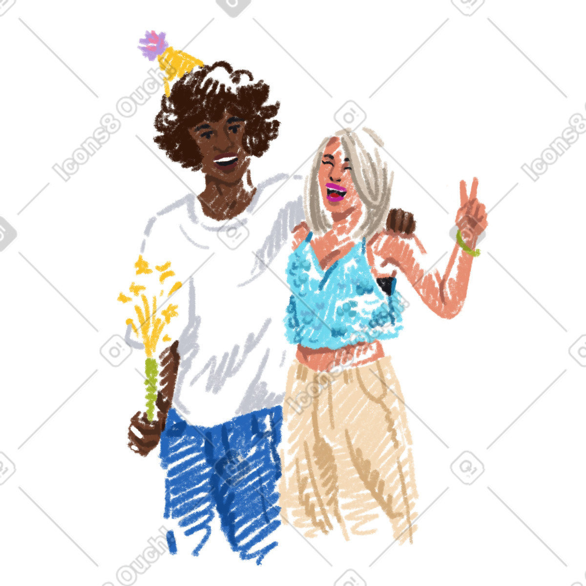 A man and woman pose for photo at party illustration in Sketchbook style download in PNG, SVG