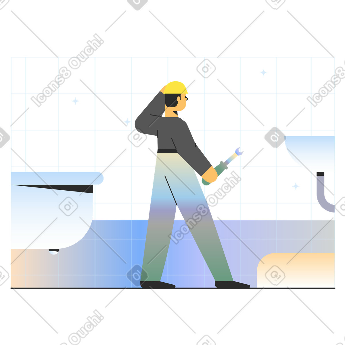 Männlicher klempner mit werkzeug im badezimmer-Illustration Marginalia-Stil als Download in PNG, SVG