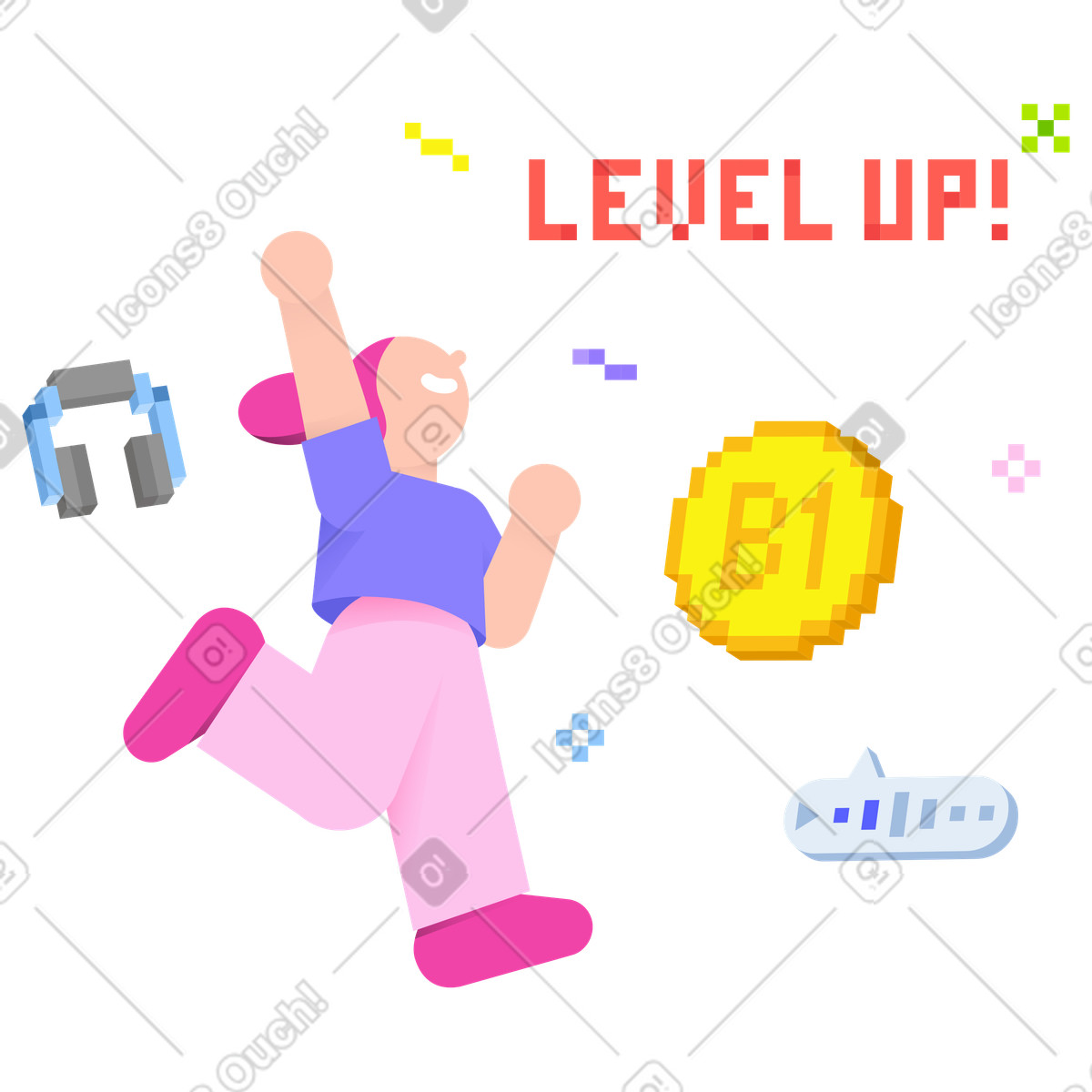 Girl getting B1 level and joyfully throwing hand up illustration in 8bit style download in PNG, SVG