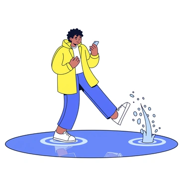A person wearing a yellow raincoat is stepping into a large puddle. The individual is holding a smartphone in one hand, looking down at the screen, clearly distracted. As their foot makes contact with the water, it splashes high into the air, creating a dynamic spray around them. The scene captures the moment with droplets of water glistening in the light, while reflections from the surrounding environment shimmer on the puddle's surface.