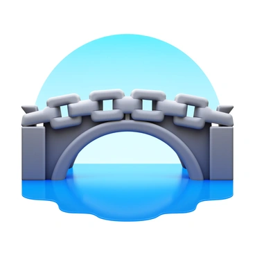 A bridge constructed with block-like segments that resemble blockchain links. The segments are interlocked, creating a strong and futuristic design. The structure spans over a river, with water reflections visible below. The bridge is illuminated with soft lighting, highlighting the angular shapes of the blocks. The background features a clear blue sky, adding contrast to the bridge's structure.
