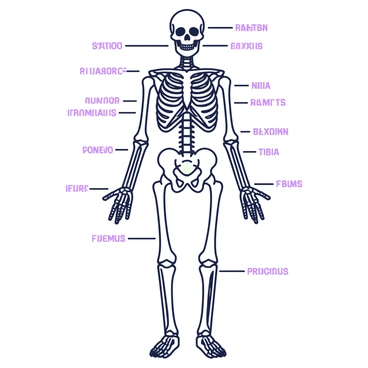 An anatomical illustration depicting the skeletal structure of the human body. The image features a full skeleton displayed in a standing position, clearly showing all major bones and joints. The skull is prominent at the top, with detailed representation of the cranial and facial bones. The ribcage is visible, showcasing the vertebral column behind it. The arms are outstretched, revealing the humerus, radius, and ulna, with the hand bones clearly outlined. The legs are positioned apart, highlighting the femur, tibia, and fibula, with the foot bones neatly arranged at the base. Each bone is labeled with clear text, and the overall composition is balanced and informative.