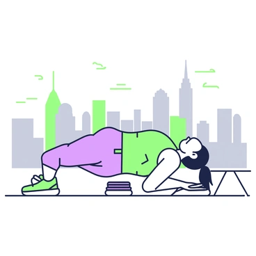 A person is lying on their back on a rooftop, performing heel slides. The person is wearing athletic gear, with a fitted top and shorts, and is focused on their movements. Their feet are sliding along the rooftop surface, showcasing the exercise technique. In the background, a sprawling city skyline is visible, with tall buildings and skyscrapers silhouetted against the sky. The scene captures a sense of motion and urban life, with the person in the foreground and the cityscape providing context.