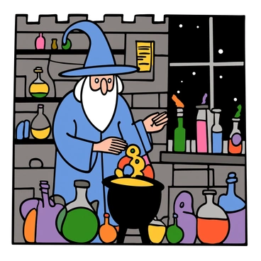 A wizard with long white hair and a long beard wearing a blue robe is standing in a stone tower room filled with potion bottles of various shapes and sizes. He is focused on mixing ingredients in a bubbling cauldron that emits colorful smoke. Around him, there are shelves lined with scrolls and magical artifacts, and a large window lets in light, revealing a view of a starry night sky. The atmosphere is filled with the vibrant colors of the potions and the mystical glow from the cauldron.