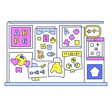 A classroom wall decorated with various colorful visual aids and charts. There are posters featuring bright letters of the alphabet and numbers in vibrant colors. Charts illustrate basic math concepts, with cheerful illustrations of fruits and animals to keep children engaged. Additional visuals include shapes outlined in bold colors and maps with landmarks clearly marked. The overall arrangement is organized, ensuring that each aid is clearly visible and easy for children to understand.