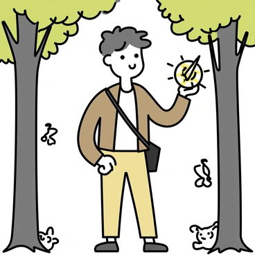 A curious explorer, dressed in a brown leather jacket and khaki pants, stands in a dense forest. He holds a mystical compass in his hand, which has a glowing needle that points in a direction filled with intrigue. The explorer has tousled hair and a look of determination on his face as he studies the compass. Surrounding him are tall trees with thick trunks and vibrant green leaves, creating a sense of depth and mystery in the scene. Small woodland creatures peek out from behind the foliage, adding to the atmosphere of adventure.
