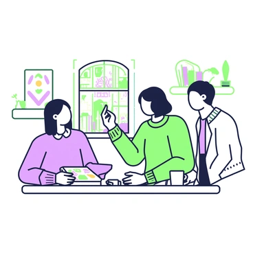 An artist is sitting at a small wooden table in a cozy café. The artist has shoulder-length hair and is wearing a comfortable sweater. In front of the artist, there is a sketchbook with colorful illustrations. The artist is holding a cup of coffee in one hand while gesturing with the other hand towards the sketchbook. Across from the artist, a client, dressed in casual attire, listens attentively. The café has warm lighting, and the walls are lined with shelves containing books and plants. A small window in the background reveals a view of a bustling street outside.