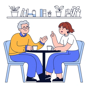 Two people are sitting at a small round table in a cozy café. One person is an elderly man with gray hair, wearing glasses and a warm sweater. The other person is a young woman with short brown hair, dressed in a casual t-shirt and jeans. They both have coffee cups in front of them. The man is leaning slightly forward, gesturing with his hands as he speaks. The woman is listening intently, leaning in with a thoughtful expression. In the background, there are shelves filled with books and potted plants, creating a warm and inviting atmosphere.