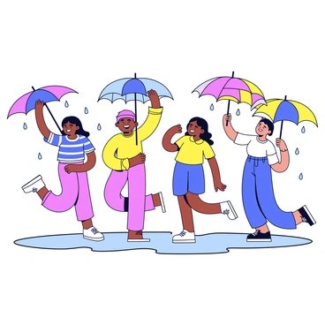 A group of people dancing joyfully in the rain. They hold colorful umbrellas above their heads, each umbrella displaying a unique pattern and vibrant colors. The people wear light, casual clothing suitable for the warm weather, and their faces are filled with happiness. Puddles form on the ground, reflecting the colors of the umbrellas, while raindrops create ripples in the water. The scene captures the energy and spontaneity of their moment together.