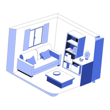 A room is filled with various pieces of furniture, including a sofa, a coffee table, and a bookshelf. The walls of the room appear to be at an angle, giving the impression of tilting dramatically. The sofa is positioned against one wall, with cushions arranged neatly. The coffee table sits in front of the sofa, featuring a small decorative bowl. The bookshelf, filled with books and a few decorative items, is placed against another wall. Light streams through a window, illuminating the scene, while the positioning of the furniture creates a visual tension within the tilted space.