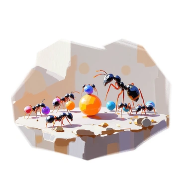 A group of small, black ants is seen diligently working together, constructing a model of the solar system with tiny planets. The ants are arranged in various positions, with some carrying small, round objects made of brightly colored materials resembling planets. The planets are placed at different distances from a central sun made of a yellow, shiny bead. The backdrop consists of a natural surface with bits of soil and small pebbles, emphasizing the ants' labor. Each ant is focused on its task, showcasing teamwork and precision in their construction efforts.