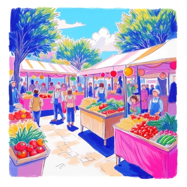 A farmer's market is bustling with activity. Various stalls are set up, each featuring an array of fresh produce including bright red tomatoes, vibrant green cucumbers, and golden ears of corn. The stalls are adorned with country-themed "guirlandes" made of burlap and colorful fabric, creating a festive atmosphere. People are browsing the stalls, some holding woven baskets filled with fruits and vegetables. In the background, trees with lush green leaves provide shade, and a blue sky is dotted with fluffy white clouds.