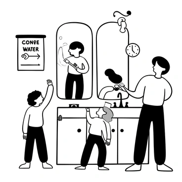 A family of four stands in a bright bathroom, each person brushing their teeth. The eldest child reaches over to turn off the tap, while the younger sibling watches attentively. The mother stands next to them, holding a toothbrush, and the father stands at the other side of the sink, also brushing. A wall-mounted sign nearby reads "Conserve Water" in bold letters. A small timer sits on the sink, indicating the importance of limiting water usage. Water droplets are visible around the faucet that has just been turned off.