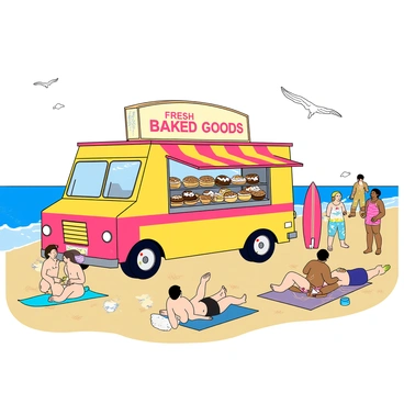A colorful bakery truck with bright yellow and pink stripes parked on a sandy beach, with a large sign on the side reading "Fresh Baked Goods" in bold letters. The truck has open windows revealing an assortment of baked snacks like pastries, cupcakes, and cookies on display. Nearby, a group of surfers in colorful swimsuits are chatting and enjoying their time, with surfboards propped up in the sand. Beachgoers are lounging on towels, some holding delicious baked snacks, while others dip their toes in the sparkling blue water. A few seagulls are flying above, adding to the lively beach atmosphere.
