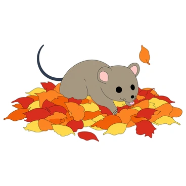 A small field mouse with soft gray fur and large round ears is burrowing through a colorful pile of autumn leaves. The leaves are in various shades of orange, red, and yellow, creating a vibrant contrast against the mouse's fur. The mouse's tiny paws are digging into the leaves, scattering them around as it searches for food or a cozy spot. Some leaves are fluttering down gently around it, while others are piled high, creating a playful scene. The mouse's bright black eyes are filled with curiosity as it pokes its head out from the leaves.