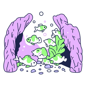 A group of guppies is swimming gracefully in a small underwater cave. The cave has rocky walls covered in textures, with crevices and small pebbles scattered on the sandy floor. The guppies are vibrant, showcasing various patterns and fin shapes as they navigate through the shadows, illuminated by rays of light filtering in from the cave entrance. Some of the guppies are darting playfully around the rocks, while a few are hovering near a cluster of aquatic plants swaying gently in the water. Bubbles rise occasionally to the surface, adding to the lively atmosphere of the underwater scene.