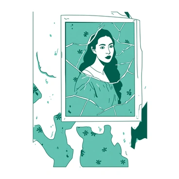 A cracked portrait is hanging on a white, peeling wallpapered wall. The portrait features an image of a woman in a vintage dress, with intricate details in her clothing. The cracks on the glass frame create distinct patterns, slightly distorting the image behind it. Beneath the portrait, the wallpaper is worn, revealing patches of the underlying wall, adding to the aged look of the scene. The colors of the wallpaper are a faded teal with subtle floral patterns, contrasting with the more vibrant tones of the portrait.