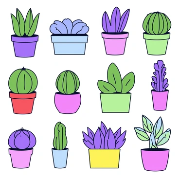 A collection of various succulent plants arranged in a visually appealing pattern. The arrangement includes a variety of shapes and colors, featuring round, spiky, and elongated succulents. Each plant has distinct textures, with some having smooth surfaces while others display ridges or bumps. The colors range from deep greens to vibrant purples and soft pinks. The background is a simple light color that enhances the vividness of the plants. Each succulent is potted in small, minimalist pots that complement their colors.
