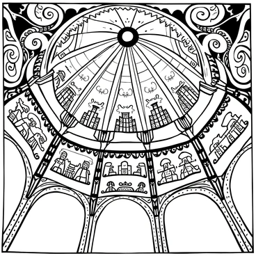 An ornate ceiling featuring intricate designs, adorned with patterns of swirling shapes and detailed motifs. The ceiling showcases various scenes depicting a legendary past, beautifully illustrated in black-and-white with fine lines. Each scene is bordered by decorative flourishes, creating a majestic and elaborate visual composition. The overall structure of the ceiling is grand and architectural, with beams and supports enhancing its complexity.