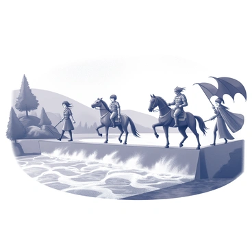 A group of four characters is fording a wide river. The first character is a young man with wind-swept hair, wearing a tunic and riding gear. The second character is a tall warrior, armored and wielding a sword, guiding a sturdy horse through the water. The third character is a woman with long flowing hair, holding a staff and wearing a cloak, walking alongside the riverbank. The fourth character is a dragon with large wings folded against its body, perched on a rocky ledge. In the background, a variety of trees and rolling hills create a picturesque landscape, with the sky visible above. The river flows swiftly, splashing around the characters as they navigate the challenge of crossing.