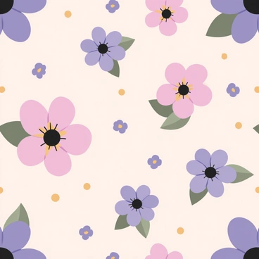 A digital flat illustration featuring a repeating floral pattern. The pattern includes large, vibrant flowers in shades of blue and pink, surrounded by green leaves. Each flower has detailed petal shapes and a subtle gradient, giving depth to the design. Small yellow buds are scattered throughout the pattern, adding contrast. The background is a soft beige color to enhance the floral elements, and the pattern is arranged in a symmetrical, grid-like formation to ensure it is suitable for textiles.