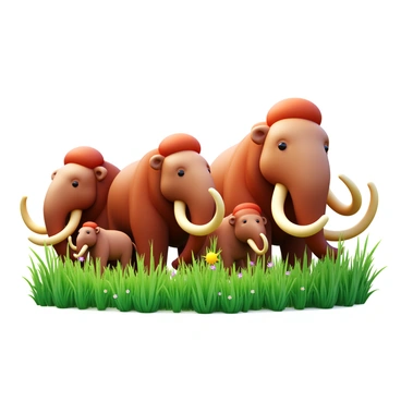 A family of mammoths with large, shaggy bodies and long tusks is gathered in a field. Two smaller mammoth calves are playing joyfully among the tall grass, their playful movements creating ripples in the surrounding vegetation. The grass sways gently, and the sun casts a warm glow over the scene. The adult mammoths stand protectively nearby, their expressions calm and watchful. The field is lush and green, with bits of wildflowers peeking through the grass.