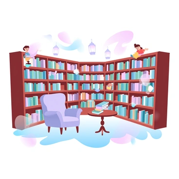 A cozy library filled with rows of wooden bookshelves holding a variety of books. Each shelf has books that are gently floating off into the air. Small, whimsical characters from the books are animatedly interacting with one another, some are perched on the edge of shelves, while others are playfully swirling around the room. The lighting in the library is warm and inviting, with soft, glowing lanterns hanging from the ceiling. A plush armchair is positioned in the corner, surrounded by a small table stacked with books that are also beginning to hover slightly above the surface.