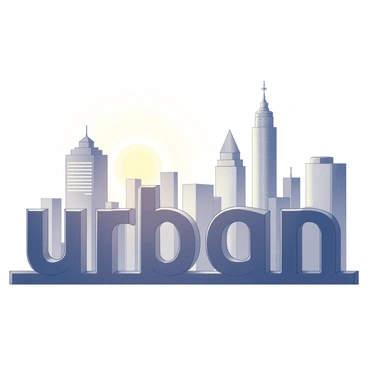 A city skyline at dusk, with buildings arranged to spell out the word "urban." The structures include high-rise skyscrapers, some with distinctive architectural features such as antennas and decorative elements. The setting sun casts silhouettes of the buildings against the sky, providing a striking contrast. The scene captures the essence of an urban environment, with varying heights and shapes of the buildings merging seamlessly into the word formation.
