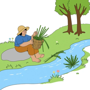 A gatherer with medium skin, wearing a woven straw hat and a simple blue tunic, is sitting on a smooth rock by a flowing stream. The stream has clear water reflecting the sunlight, with small ripples creating a lively effect. The gatherer is skillfully weaving a basket from long, green reeds, their hands moving deftly as they intertwine the strands. Nearby, a collection of freshly cut reeds lies neatly arranged. The scene includes lush green grass around the stream, with a few wildflowers adding pops of color. In the background, tall trees provide shade, their leaves gently rustling in the breeze.
