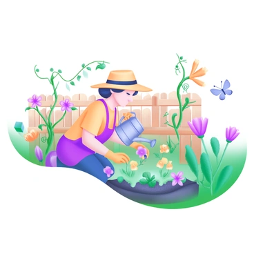 A modern pastel illustration of a person kneeling in a vibrant home garden filled with various plants and flowers. The individual, dressed in a sun hat and gardening gloves, is carefully watering a small plant with a watering can. Surrounding them are colorful blooming flowers and lush green foliage, creating a lively atmosphere. In the background, there is a wooden fence adorned with climbing vines, and a butterfly flutters nearby, adding a touch of nature's beauty to the scene. The overall composition conveys a sense of tranquility and fulfillment in gardening.
