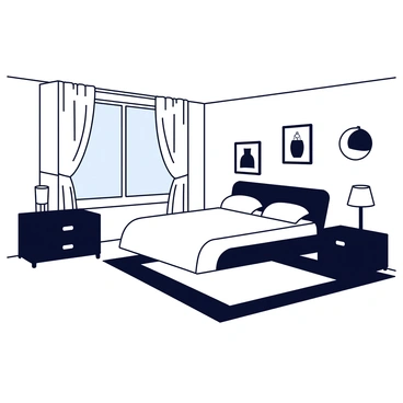 A modern bedroom with a minimalist design, featuring monochrome black and white tones. The room has a sleek queen-sized bed with a black upholstered headboard and crisp white bedding. A small black nightstand with a white lamp is positioned on one side of the bed. A large white area rug covers the floor, contrasting with the dark hardwood beneath. The walls are painted in a soft white, adorned with a few black and white framed artworks. A compact black dresser sits against one wall, completing the contemporary aesthetic of the space. A large window allows natural light to fill the room, with sheer white curtains softly fluttering.