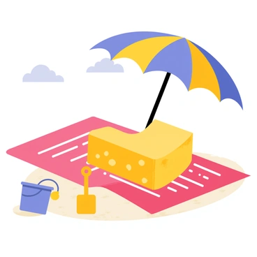 A sponge lounging on a beach towel under an umbrella, enjoying a sunny day.