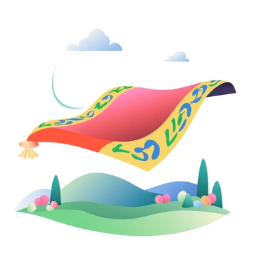 A vibrant magic carpet is floating above the ground, its rich colors of deep red and gold swirling together. The carpet is adorned with intricate patterns of leaves and geometric shapes in shades of blue and green. Below it, a lush landscape unfolds, featuring rolling hills with clusters of vibrant flowers in various hues. The carpet appears to cast a gentle shadow on the grass beneath it, emphasizing its weightlessness. A few fluffy white clouds drift in the clear blue sky, adding a sense of whimsy to the scene.