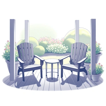 A pair of Adirondack chairs on a charming veranda, overlooking a garden.