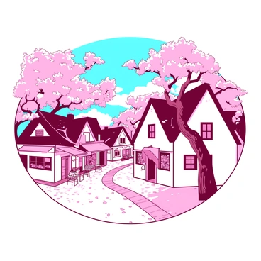 A white village with charming cottages featuring thatched roofs and colorful flower boxes. Cherry blossom trees, with their branches heavy with pink flowers, surround the village. Petals from the cherry blossoms are falling gently to the ground, creating a soft pink carpet. In the background, a clear blue sky provides a vibrant backdrop. A narrow cobblestone path winds through the village, lined with small shops and cafes. The scene is peaceful, inviting a sense of tranquility.