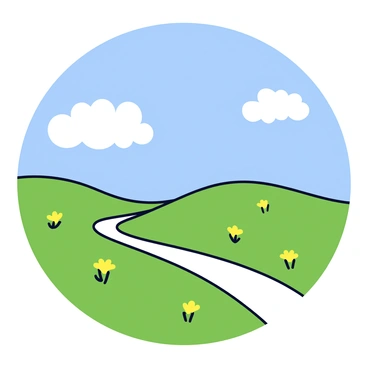 A bright blue sky fills the upper portion of the image, featuring fluffy white clouds scattered throughout. Below, there is a sunny landscape with rolling green hills that gently rise and fall. The sunlight casts warm tones over the ground, highlighting patches of yellow wildflowers that dot the grass. A clear winding path can be seen meandering through the hills, inviting exploration.
