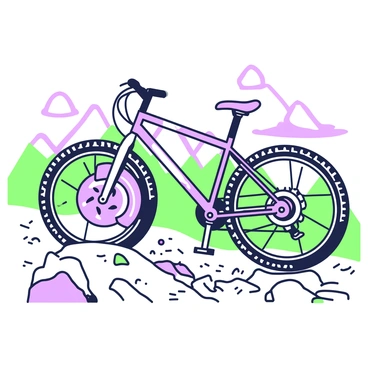 A close-up view of a mountain bike's disc brake in action. The bike is positioned on a rocky mountain trail, with dirt and gravel scattered around the tires. The disc brake is prominently displayed, featuring shiny metallic components and a rotor spinning rapidly. The bike's frame is sturdy, with thick tires gripping the rugged terrain. In the background, blurred mountain peaks rise under a clear sky, emphasizing the bike's dynamic movement.