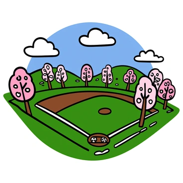 A baseball field with a well-maintained green grass diamond and white chalk lines. Surrounding the field, there are numerous cherry blossom trees in full bloom, showcasing pink and white flowers. The sky above is bright blue with a few fluffy white clouds. The sun casts soft shadows of the trees onto the ground, creating a picturesque spring scene. In the background, distant hills can be seen, adding depth to the landscape.