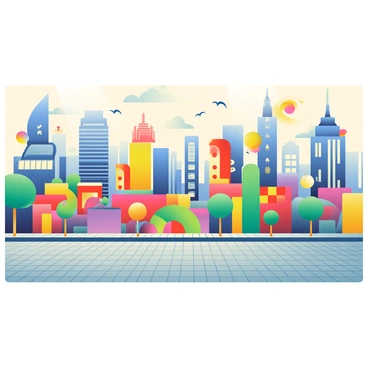 A vibrant street mural covers a large wall, showcasing a detailed cityscape. The skyline features tall buildings with unique shapes and structures, each one painted in bright colors like blue, red, yellow, and green. Interspersed among the buildings are colorful abstract patterns that swirl and twist, creating a sense of movement. The ground below is depicted with a wide, patterned sidewalk that adds depth to the scene. Bright sunlight casts shadows from the buildings, enhancing the dynamic feel of the mural. Small details, such as birds flying above and trees lining the streets, add life to the bustling urban environment.