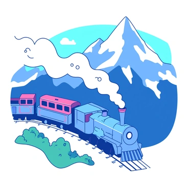 A blue cartoon train is chugging up a steep mountain pass, its colorful carriages bouncing along the tracks. The train emits puffs of white steam from its smokestack as it climbs higher. In the background, there are tall, snowy peaks that glisten in the sunlight, contrasting with the vibrant colors of the train. The mountains are rugged, with patches of green vegetation peeking through the snow, adding to the scene's overall dynamic. The sky above is clear and bright, emphasizing the train’s adventurous journey.