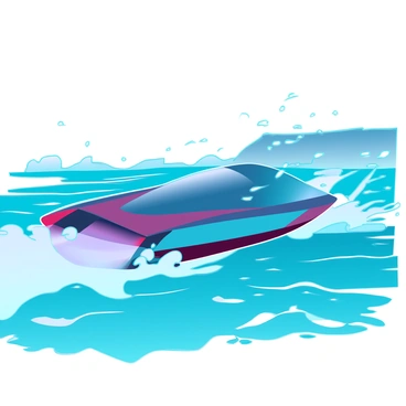 A sleek speed boat with a glossy hull is cutting through vibrant blue ocean waves. The boat is angled slightly forward, creating a sharp wake as it glides over the water. Bright white foam sprays up from the bow, highlighting the motion and speed. The sun is reflecting off the water's surface, creating sparkling patterns. In the background, distant waves roll gently, adding depth to the seascape.