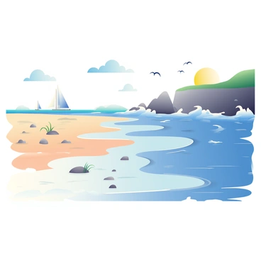 A wide view of a coastal area showing the sequence of ocean tides from low tide to high tide. On the left, the beach is exposed, with small rocks and patches of wet sand visible. There are beach grasses scattered along the shoreline. As you move towards the center, the tide is gradually rising, with more water covering the sand and small waves lapping at the shore. To the right, the scene depicts high tide, where the water is almost at the base of a rocky cliff. The ocean is a deep blue, with white foam forming on the waves cresting towards the edge of the cliff. Seabirds can be seen flying above the water, and a few sailboats are bobbing in the distance. The sky is bright with a few fluffy clouds, and the sun is shining, casting light reflections on the water's surface.