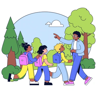 A group of four school kids is walking along a nature trail. They each wear colorful backpacks and are dressed in casual, comfortable clothing. The teacher, an adult wearing glasses, is in the front, pointing towards a tree while explaining something. The children are looking up at the teacher attentively. The trail is surrounded by tall green trees and bushes, and there are patches of sunlight filtering through the leaves above. A clear blue sky can be seen in the background.