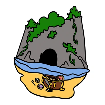 A secluded cove surrounded by tall cliffs and lush greenery. The entrance to the cove is partly hidden by rocks and vines, creating a sense of mystery. The sandy beach is warm and golden, with gentle waves lapping at the shore. In the foreground, a treasure chest is half-buried in the sand, with jewels and gold coins spilling out. The sunlight casts a soft glow over the scene, highlighting the vibrant colors of the treasures.