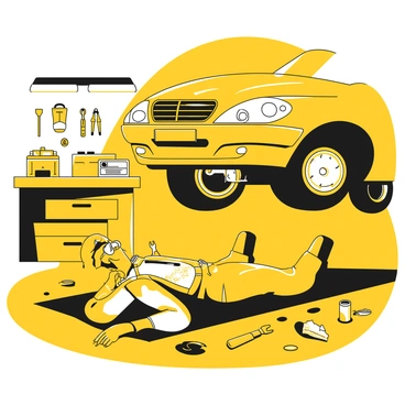 A technician is lying on a mechanic's creeper under a raised car, wearing a jumpsuit and safety glasses. The technician is focused on an engine component, with hands visible holding a wrench. Scattered around the technician are various tools, including a screwdriver, pliers, and sockets, lying on the shop floor. A workbench is visible in the background, cluttered with parts and tools, illuminated by overhead lights.