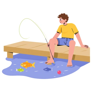 A child with short brown hair is sitting on a wooden dock, their feet dangling over the edge. The child is wearing a bright yellow t-shirt and denim shorts, looking intently at the clear blue water below. Colorful fish are swimming gracefully near the surface, displaying vibrant scales in shades of orange, blue, and green. Beside the child, a simple fishing pole is resting on the dock, with a bright red bobber floating nearby in the water. The scene is filled with the warmth of a sunny day, and gentle ripples can be seen around the fish as they swim.