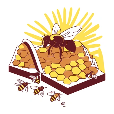 A regal queen bee with a shiny, elongated body and a large abdomen is positioned at the center of a honeycomb structure. Her body is adorned with distinctive markings that signify her status. Surrounding the queen are several smaller worker bees, each with their own black and yellow striped bodies, busily attending to various tasks. The hive is constructed with hexagonal wax cells filled with glistening honey. The background features the warm glow of sunlight filtering through the hive, illuminating the scene.